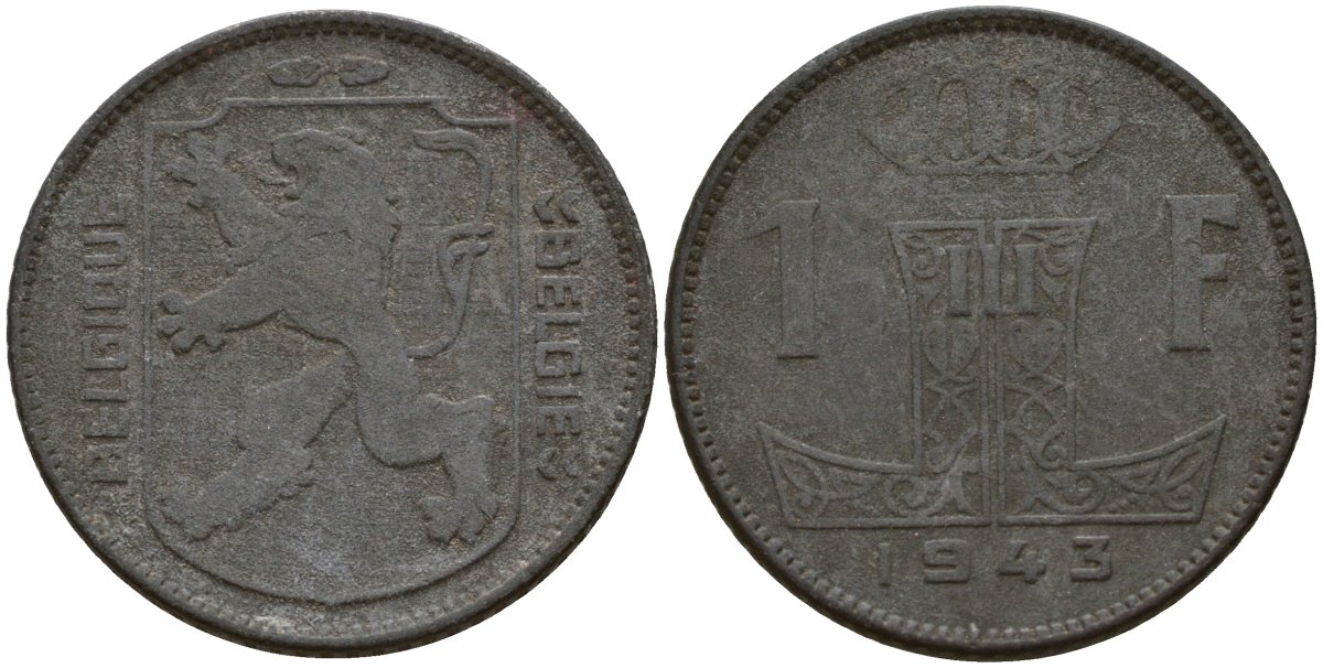 Бельгия 1 франк 1943 Belgique - Belgie, Леопольд III (1934-1947), германская оккупация, Вторая мировая война KM 127 цинк 4161-536