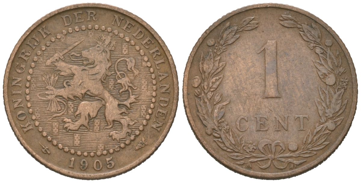Нидерланды 1 цент 1905 Вильгельмина (1890-1948) KM 132 бронза 4154-828