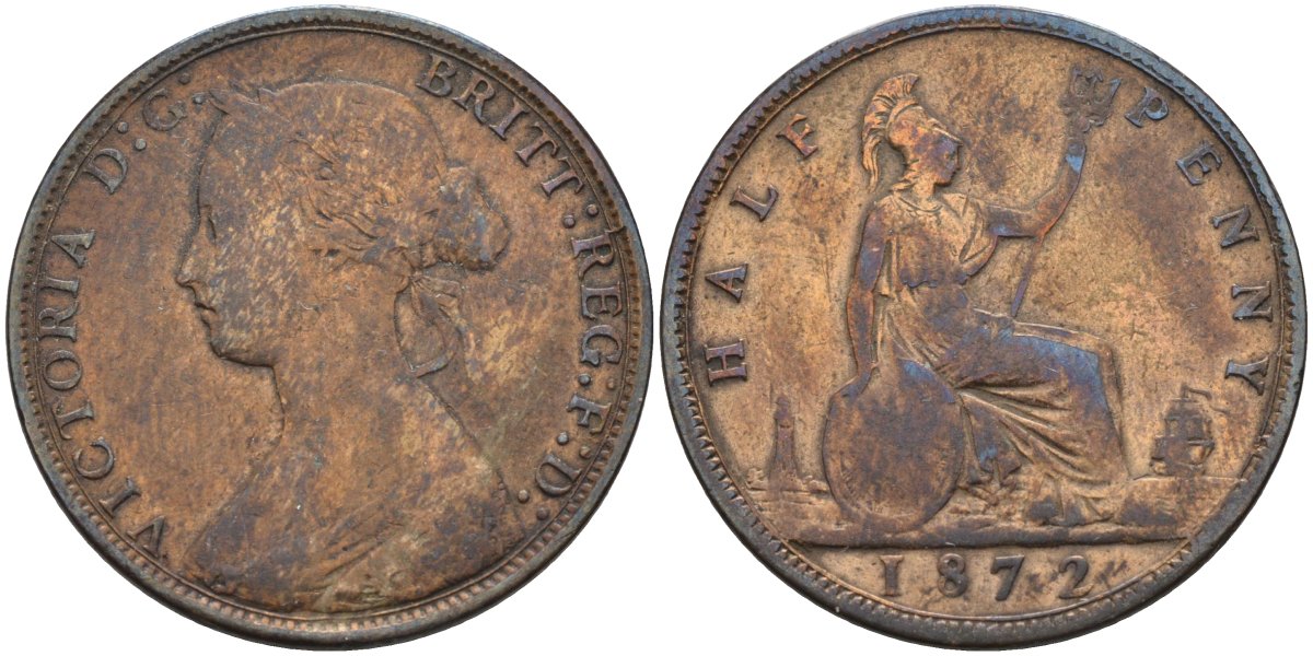 Великобритания 1/2 пенни 1872 Виктория (1837-1901) KM 748.2, Spink 3956 бронза 4584-315