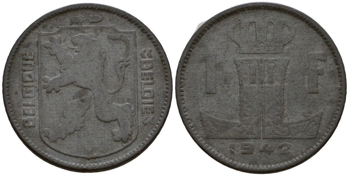 Бельгия 1 франк 1942 Belgique - Belgie KM 127 цинк 65-652