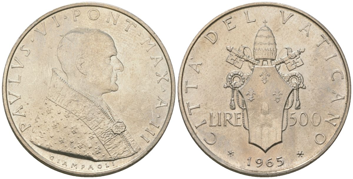 Ватикан 500 лир 1965 Павел VI (1963-1978), тираж 70.000 экземпляров KM 83 серебро UNC 32-225