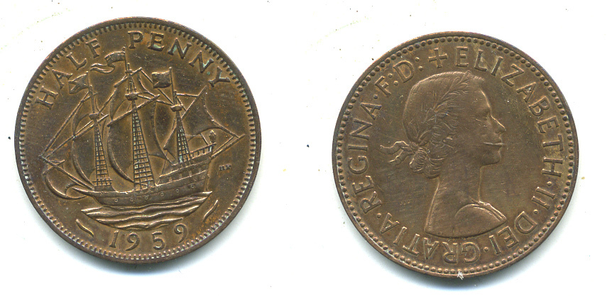 Великобритания 1/2 пенни 1959 Елизавета II (1952-2022) KM 896, Spink 4158 бронза 59-823
