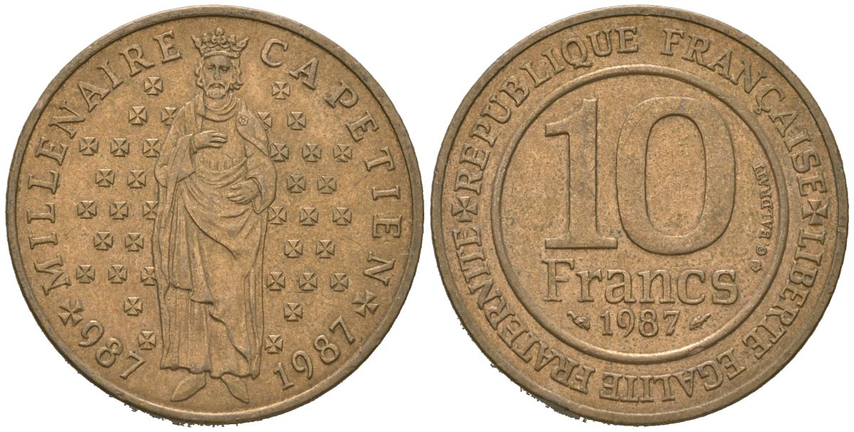 Франция 10 франков 1987 1000 лет первому королю Франции Гуго Капету KM 961 d, Le Franc 371.2 никель латунь aUNC 4619-726