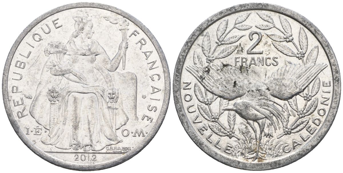 Французская Новая Каледония 2 франка 2012 птица кагу, (IEOM) KM 14, Schoen 11 алюминий    29-741