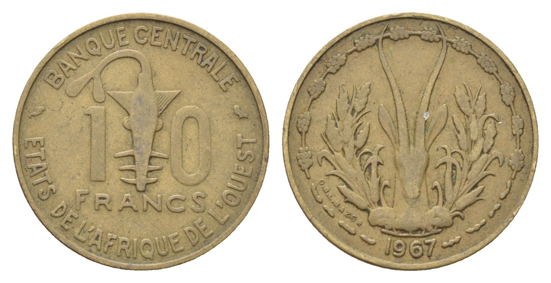 Западная Африка (ВСЕАО) 10 франков 1967 KM 1a медь алюминий никель 4703-1233
