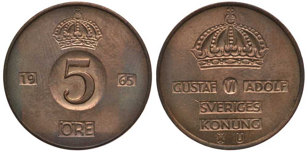 Швеция 5 эре 1965 U, Густав VI Адольф (1950-1973) KM 822 бронза 114-446