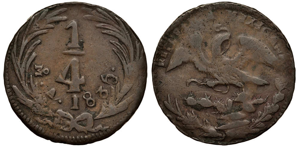 МЕКСИКА 1/4 РЕАЛА 1835 ПЕРВАЯ РЕСПУБЛИКА, МЕХИКО СИТИ KM 358 медь VF- 3334-521