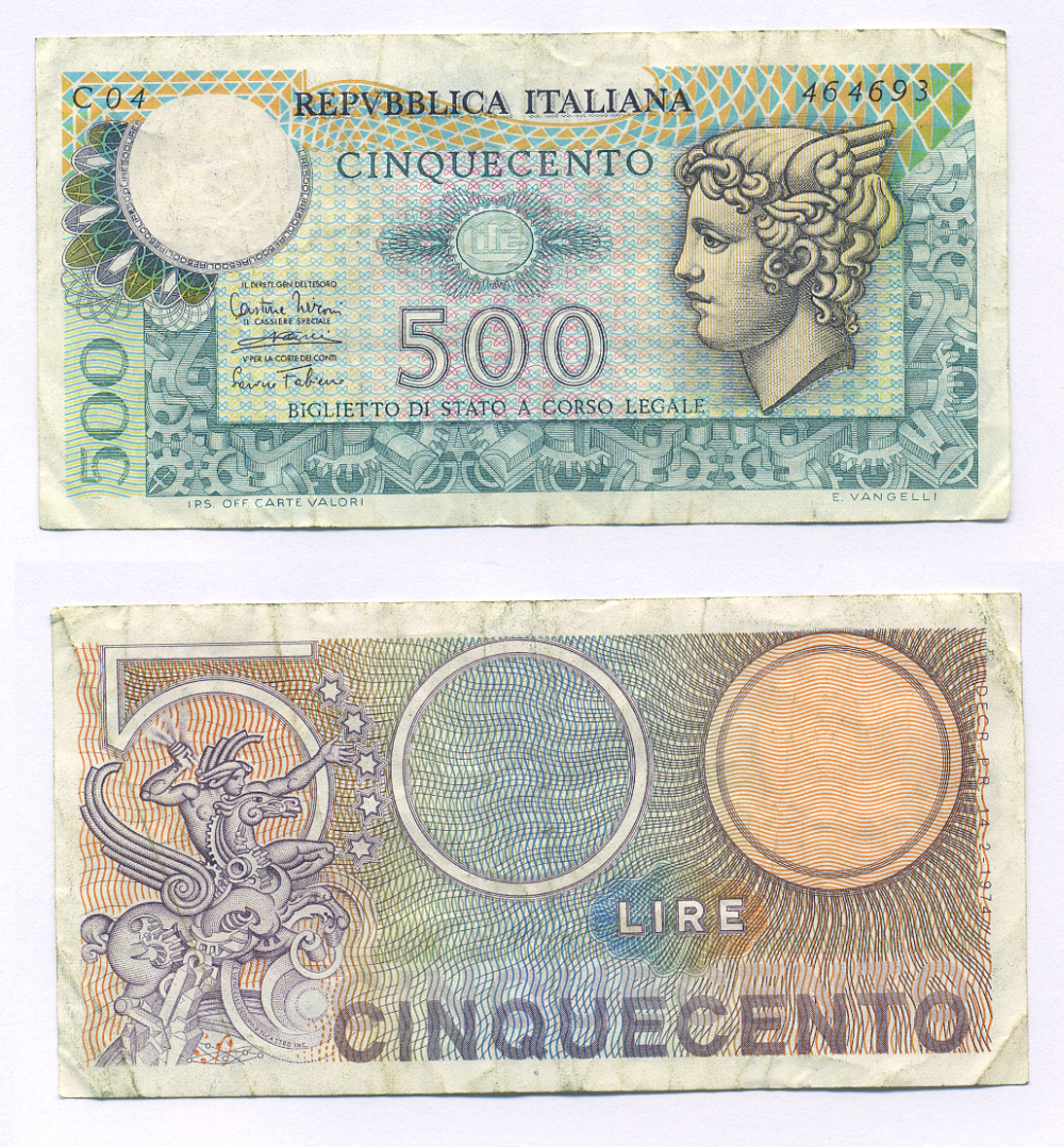 Италия 500 лир 1974 Меркурий Pick 94 бумага 7146-18-2-1