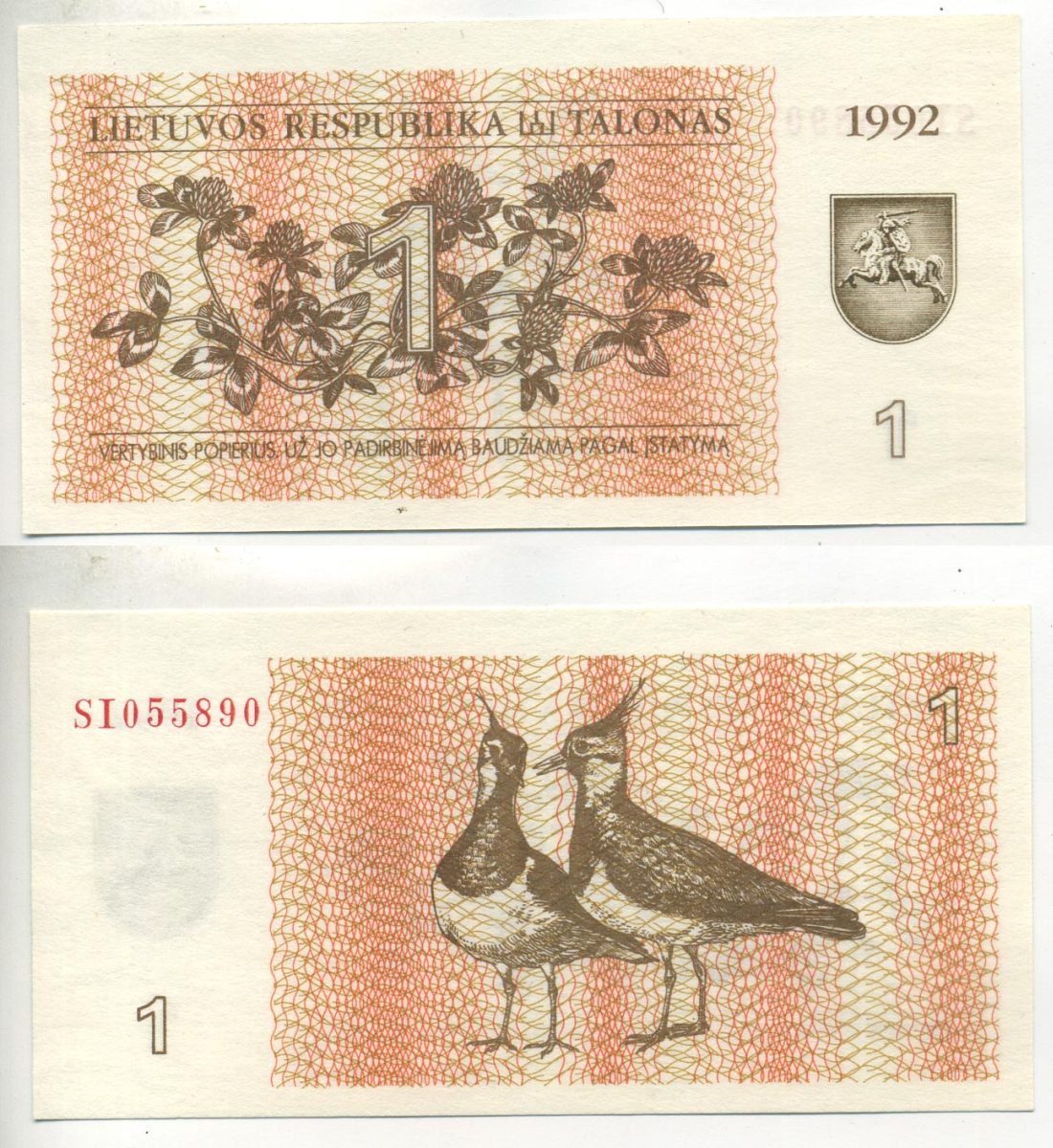 ЛИТВА 1 ТАЛОН 1992 ПТИЧКИ ЧИБИСЫ Pick 39, Сергеев 31 бумага UNC (ПРЕСС) 6301-14-2-2