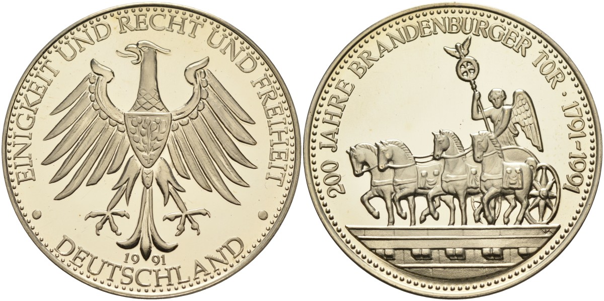 ФРГ медаль 1991 200 лет Бранденбургским воротам (1791-1991), диаметр 40 мм. медно-никель PROOF 01-084-11