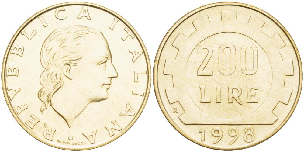 Италия 200 лир 1998 R, шестерня KM 105 алюминиевая бронза 4529-217