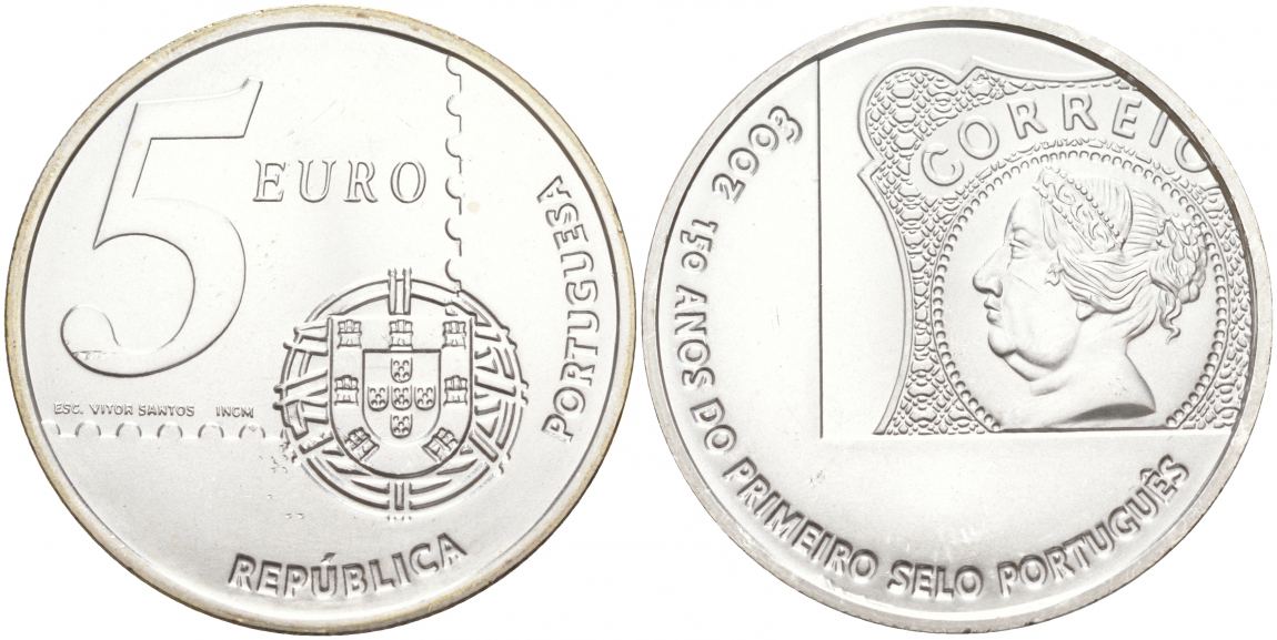 Португалия 5 евро 2003 150 летие первой Португальской марке KM 749 серебро UNC 1074-10-12