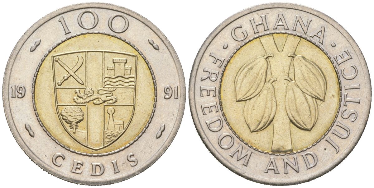 Гана 100 седи 1991 какао KM 32 биметалл UNC 110-624