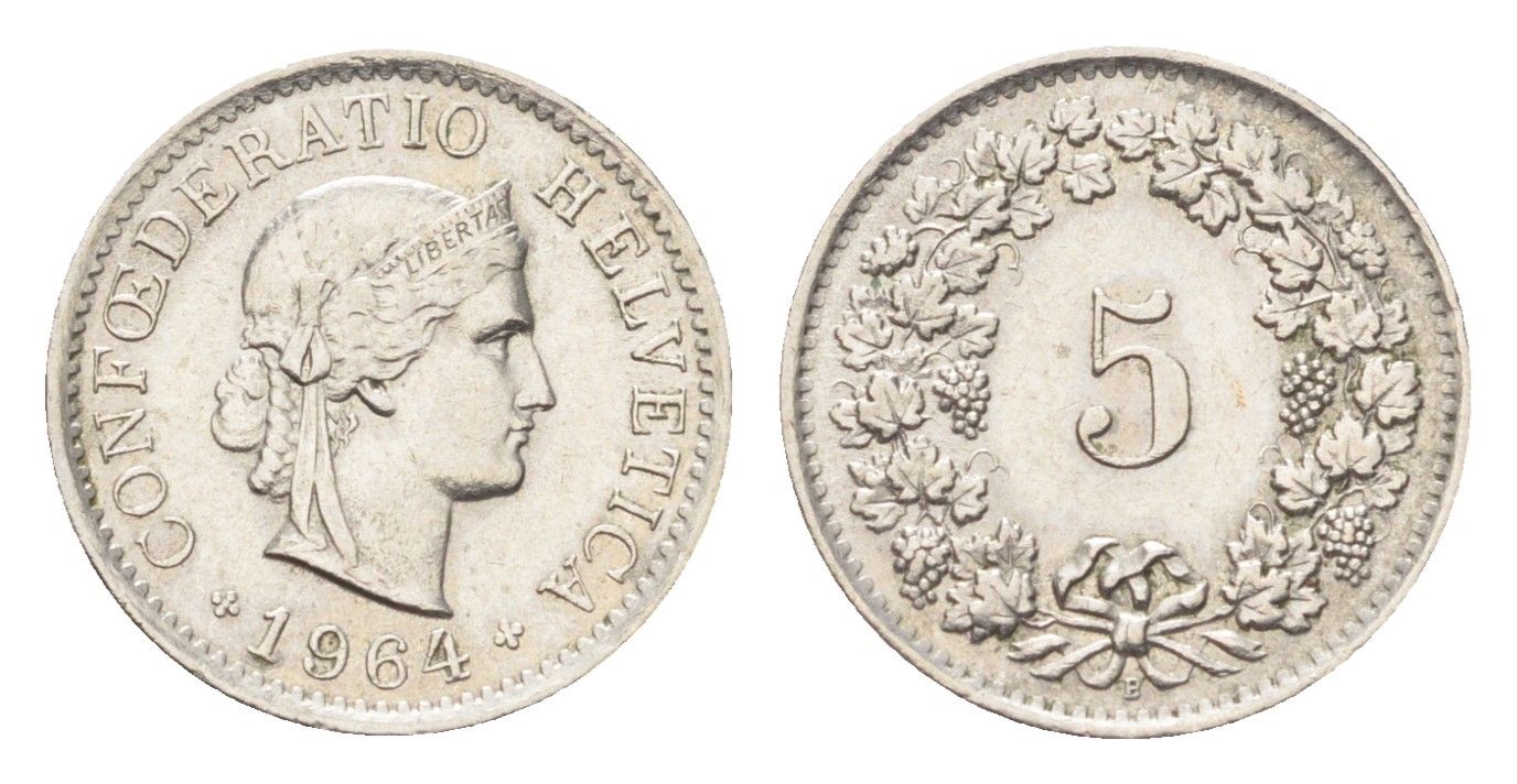Швейцария 5 раппенов 1964 B KM 26 медно-никель 4705-1255