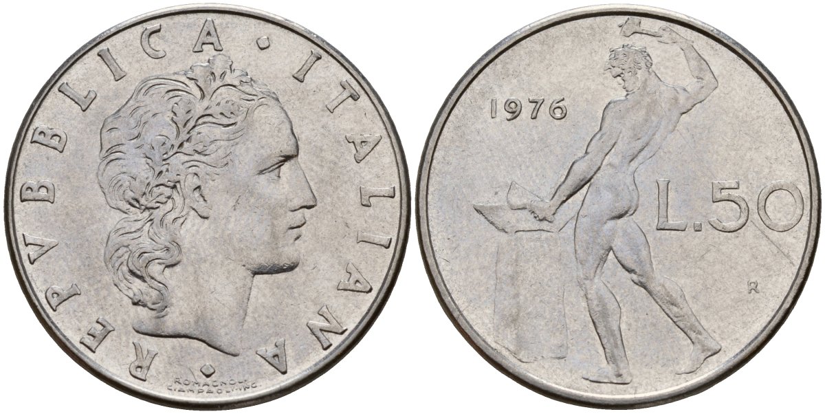 Италия 50 лир 1976 R, бог Вулкан у наковальни KM 95.1 нержавеющая сталь 4156-735