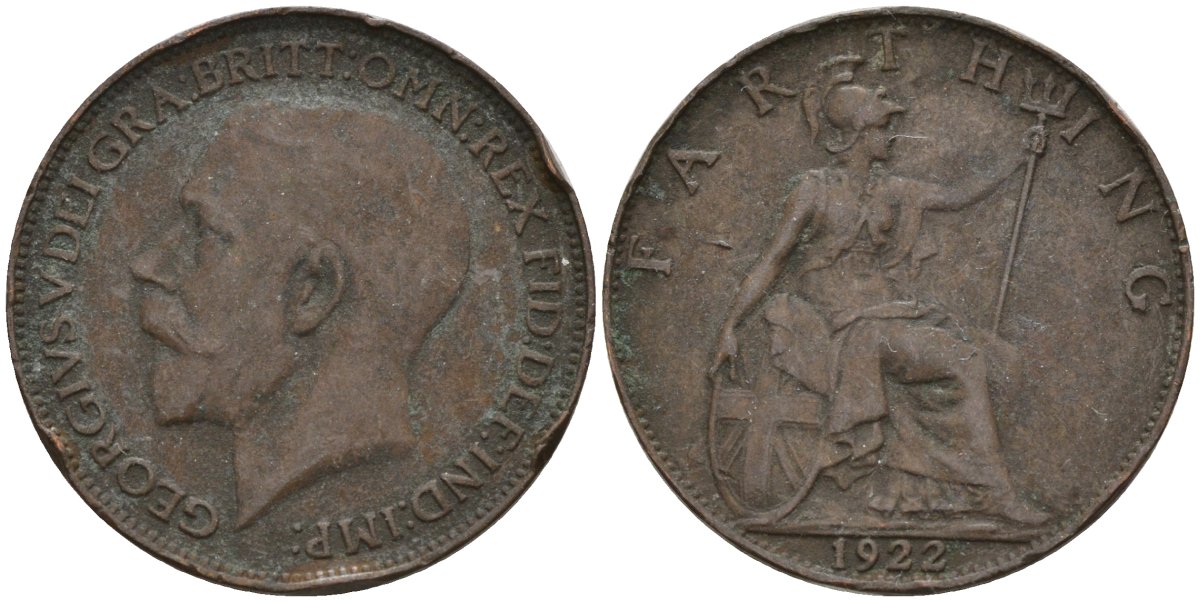 Великобритания 1 фартинг 1922 Георг V (1910-1936), светлая отделка KM 808.2, Spink 4060 бронза 4596-949