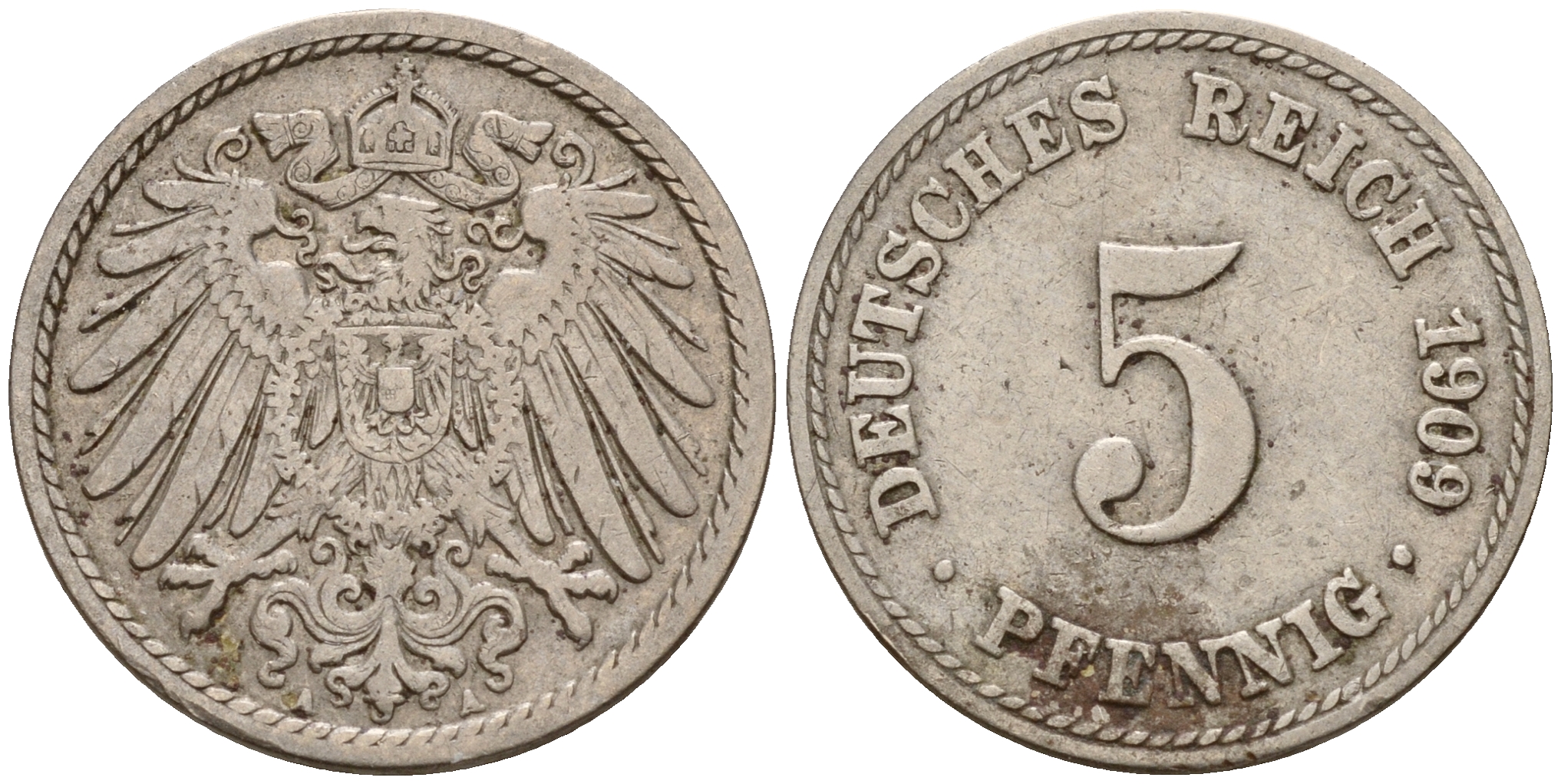 Германия 5 пфеннигов 1909 A J.12, KM 11 медно-никель    4598-1138