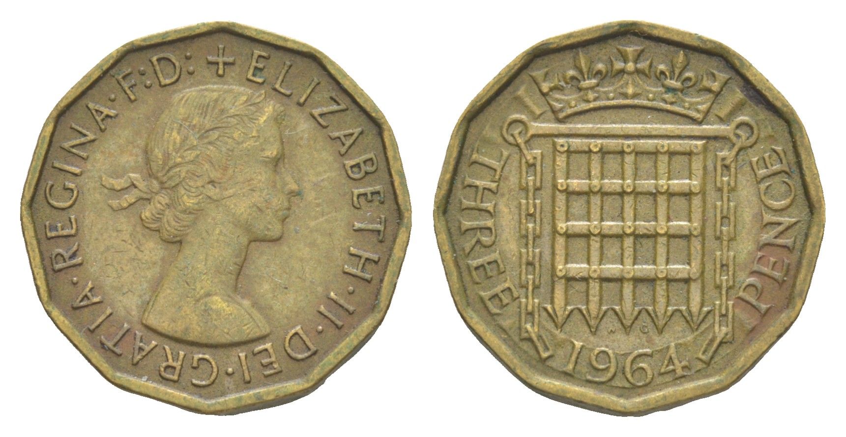 Великобритания 3 пенса 1964 Елизавета II (1952-2022) KM 900, Spink 4153 никель латунь 4643-464