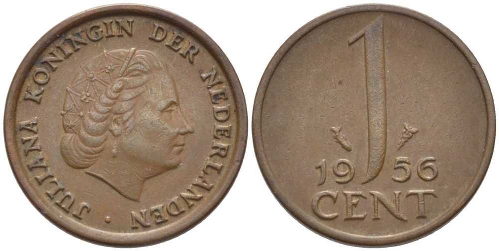 НИДЕРЛАНДЫ 1 ЦЕНТ 1956 ЮЛИАНА KM 180 бронза 206-1056