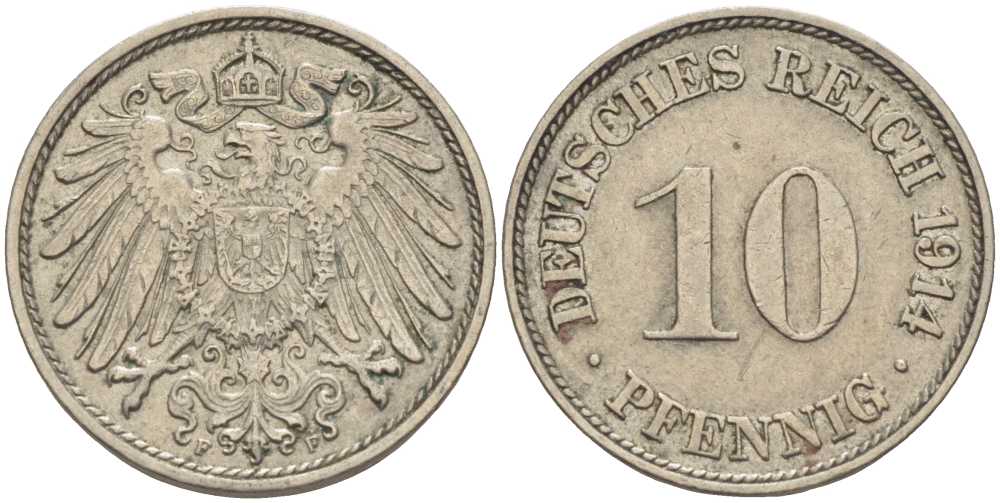 ГЕРМАНИЯ 10 ПФЕННИГОВ 1914 F KM 12, J. 13 медно-никель 33-1136