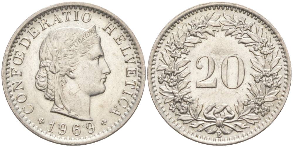 Швейцария 20 раппенов 1969 В KM 29а медно-никель 55-913