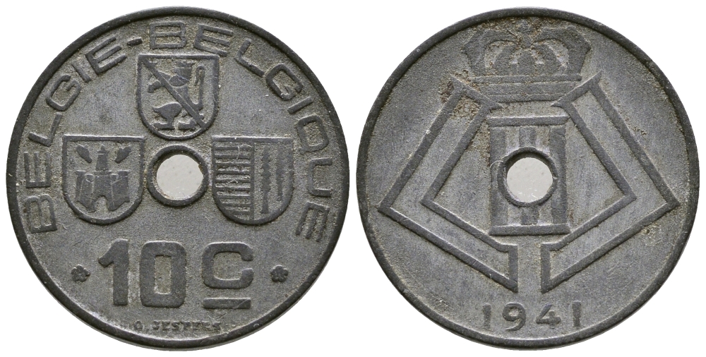 БЕЛЬГИЯ 10 САНТИМОВ 1941 BELGIE-BELGIQUE, ГЕРМАНСКАЯ ОККУПАЦИЯ, ВТОРАЯ МИРОВАЯ ВОЙНА KM 126 цинк 177-1024