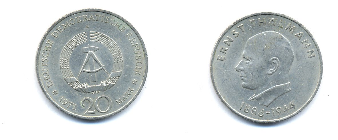 ГДР 20 марок 1971 A, 85 лет со дня рождения Эрнста Тельмана KM 34, J. 1535 медно-никель 3333-635