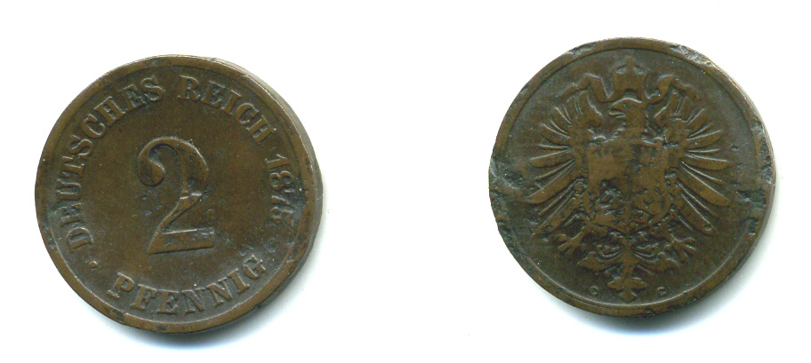 ГЕРМАНИЯ 2 ПФЕННИГА 1875 С, СТАРОГЕРБОВКА KM 2, J.2 медь 4381-446