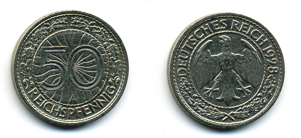 Германия 50 рейхспфеннигов 1928 A KM 49, J.324 никель 58-311