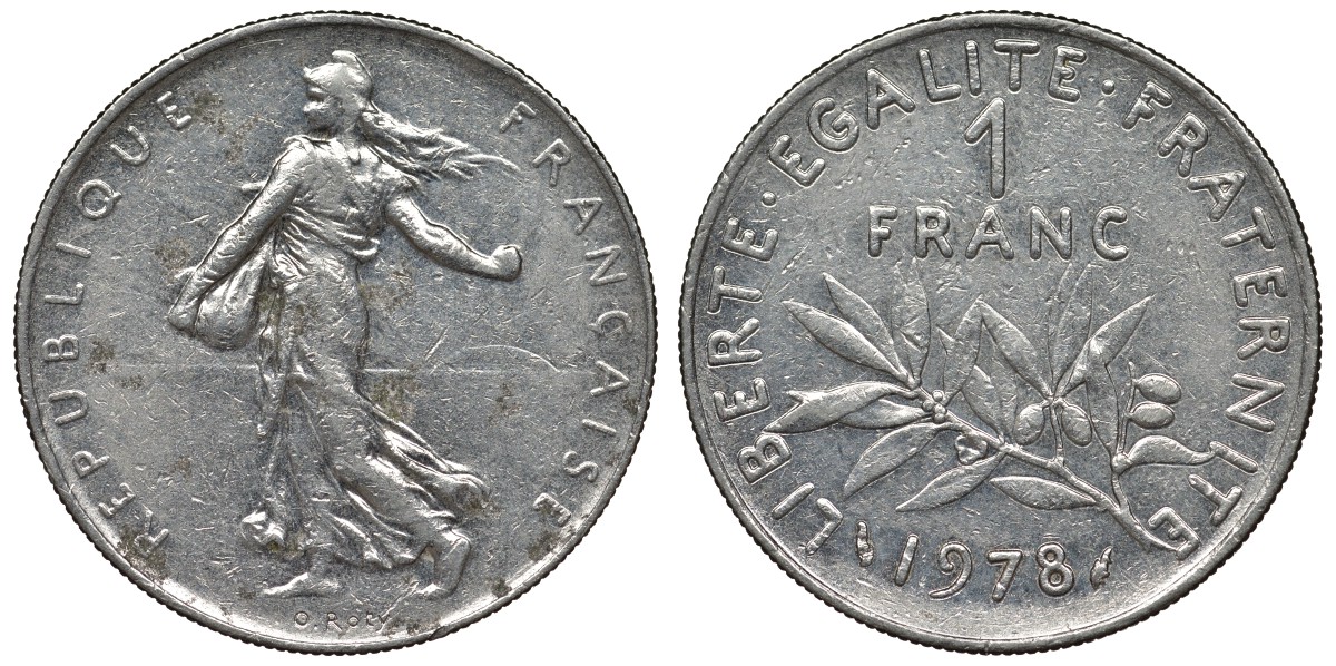 Франция 1 франк 1978 сеятель KM 925.1, Le Franc 226.23 никель 4128-435