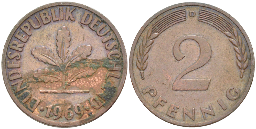 ФРГ 2 ПФЕННИГА 1969 D KM 106а, J. 381а сталь плакированная сталь плакированная медьюю 4181-757