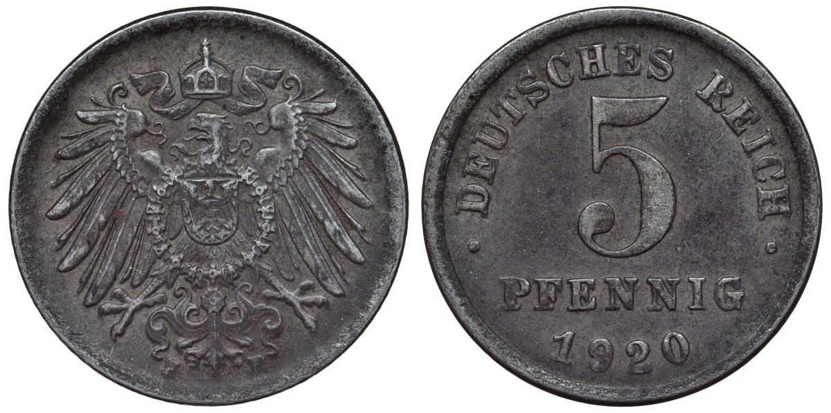 Германия 5 пфеннигов 1920 F KM 19, J. 297, Weege 5 железо 4118-1231