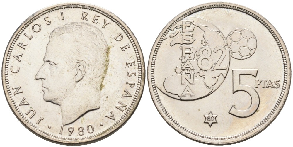 Испания 5 песет 1980 (80) чемпионат мира по футболу в Испании 1982 года, Хуан Карлос I KM 817 медно-никель аUNC 71-1111