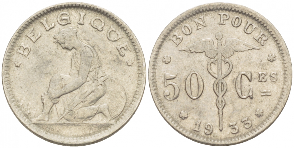 БЕЛЬГИЯ 50 САНТИМОВ 1933 BELGIQUE KM 87 никель 261-1644