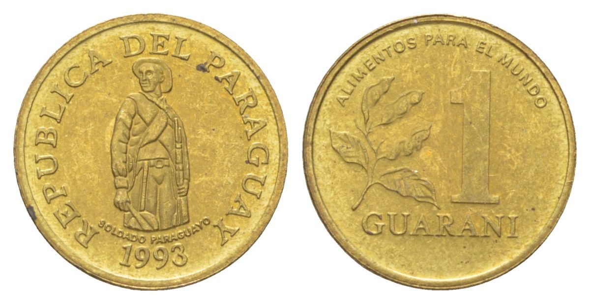 Парагвай 1 гуарани 1993 KM 192 сталь плакированная латунью UNC 4625-152