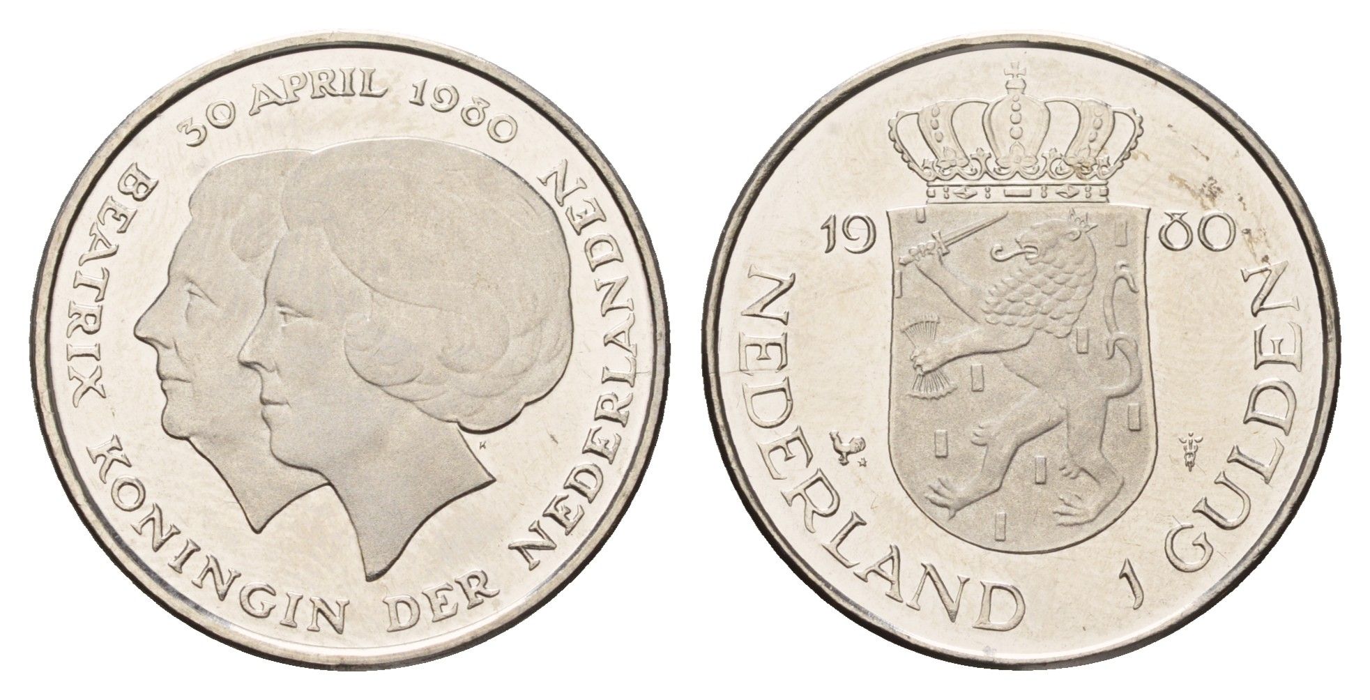 Нидерланды 1 гульден 1980 на коронацию Беатрикс, 30 апреля KM 200 никель UNC 3459-1025
