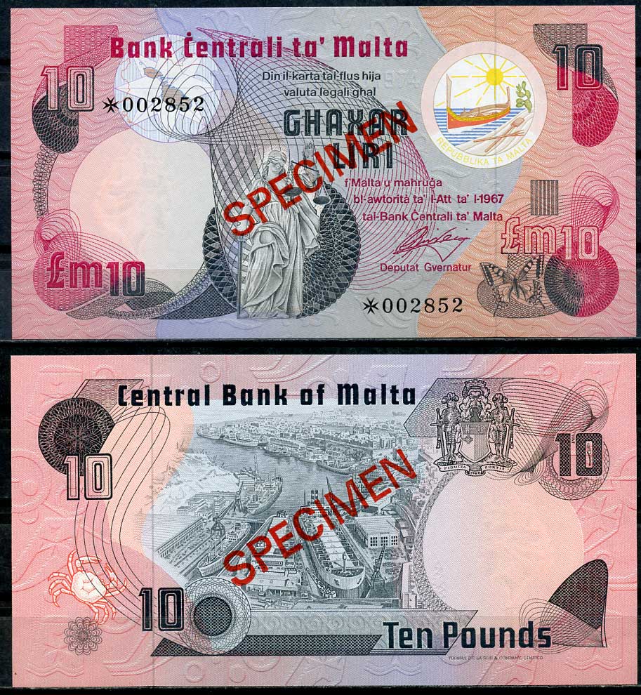 Мальта 1, 5 и 10 лир (фунтов) L. 1967 (1979) образец, Specimen, № 002852 Pick 34 s, 35 s, 36 s  бумага  UNC (пресс) 451-22-2