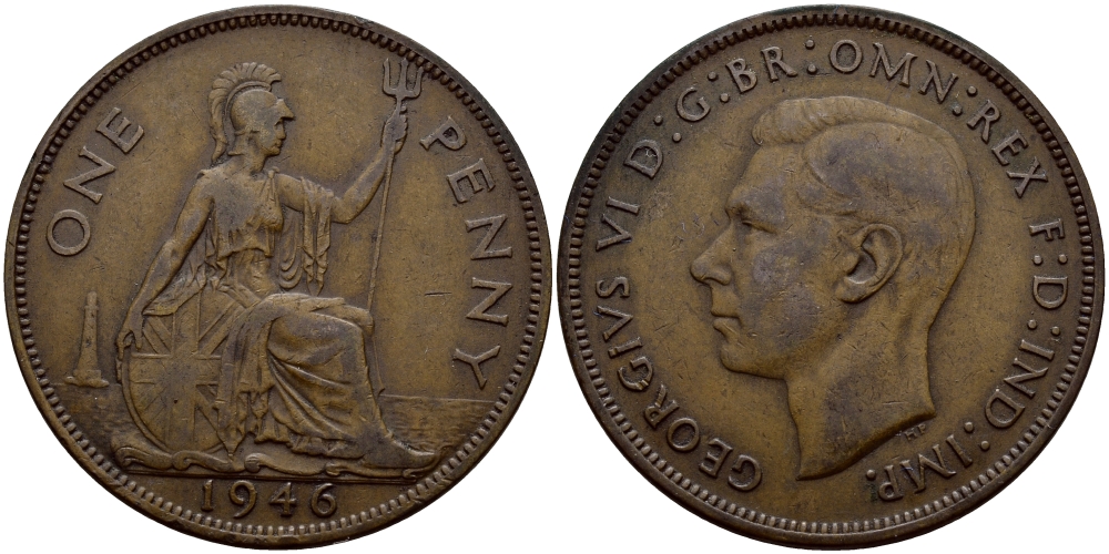 Великобритания 1 пенни 1946 Георг VI (1936-1952) KM 845, Spink 4114 бронза 4607-812