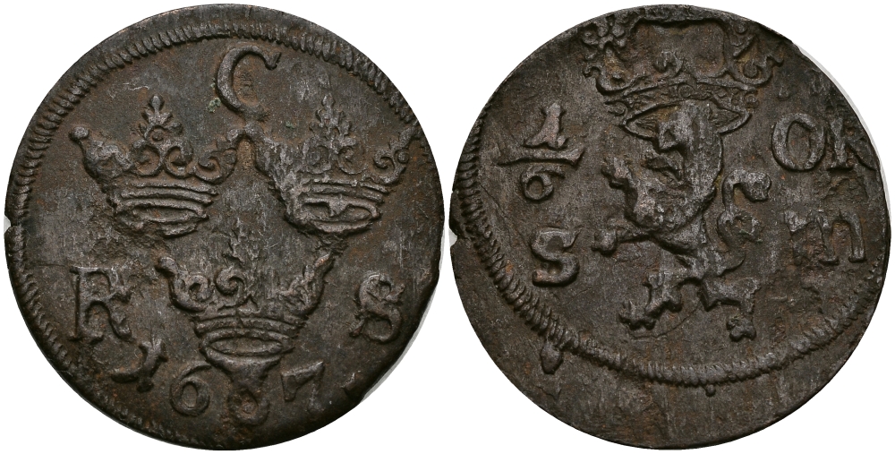 Швеция 1/6 эре 1667 S.m. Карл XI (1660-1697) KM 254 медь 540-826