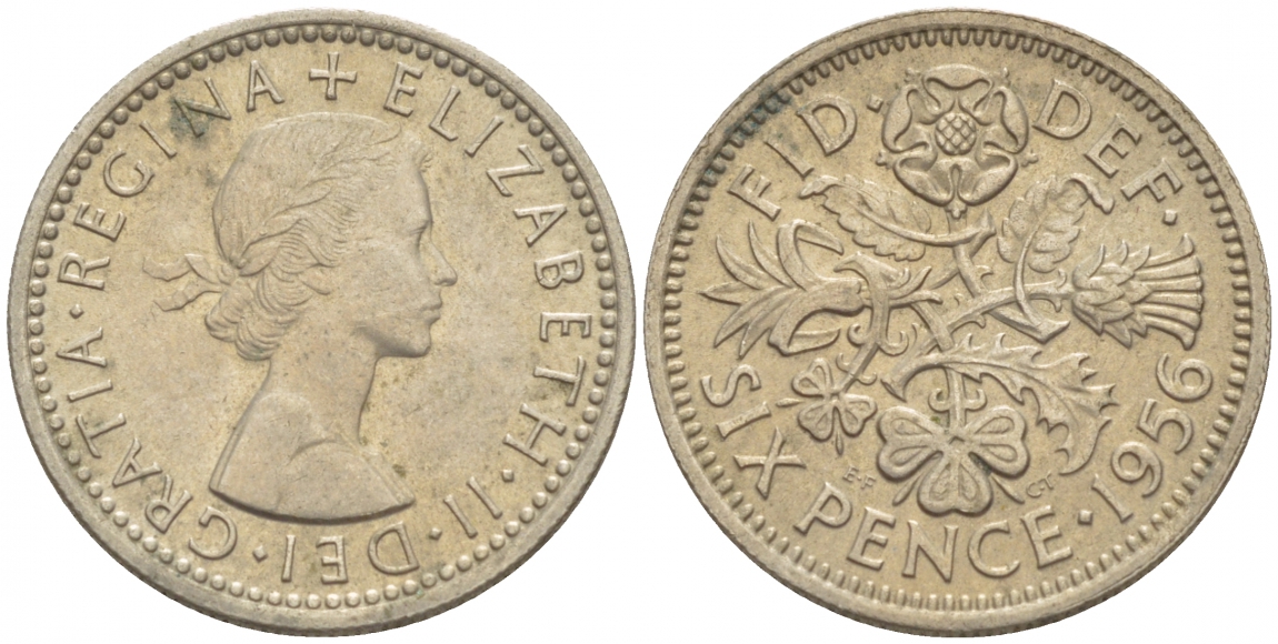 Великобритания 6 пенсов 1956 Елизавета II (1952-2022) KM 903, Spink 4149 медно-никель 4528-916