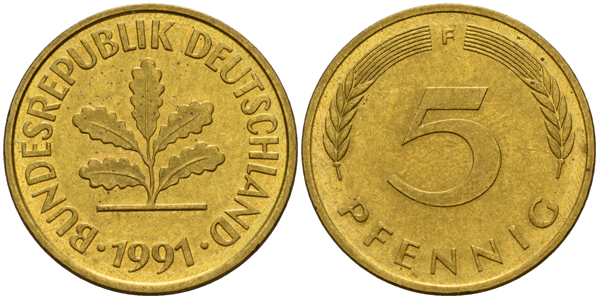 ФРГ 5 пфеннигов 1991 F J.382, KM 107 сталь плакированная латунью    4598-1116