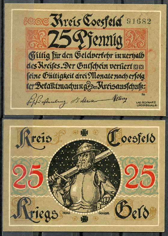 Германия, Косфельд 25 пфеннигов 1918 нотгельд, 5 цифр в номере Tieste 1185.05.01 бумага UNC (пресс) 444-70-2-2
