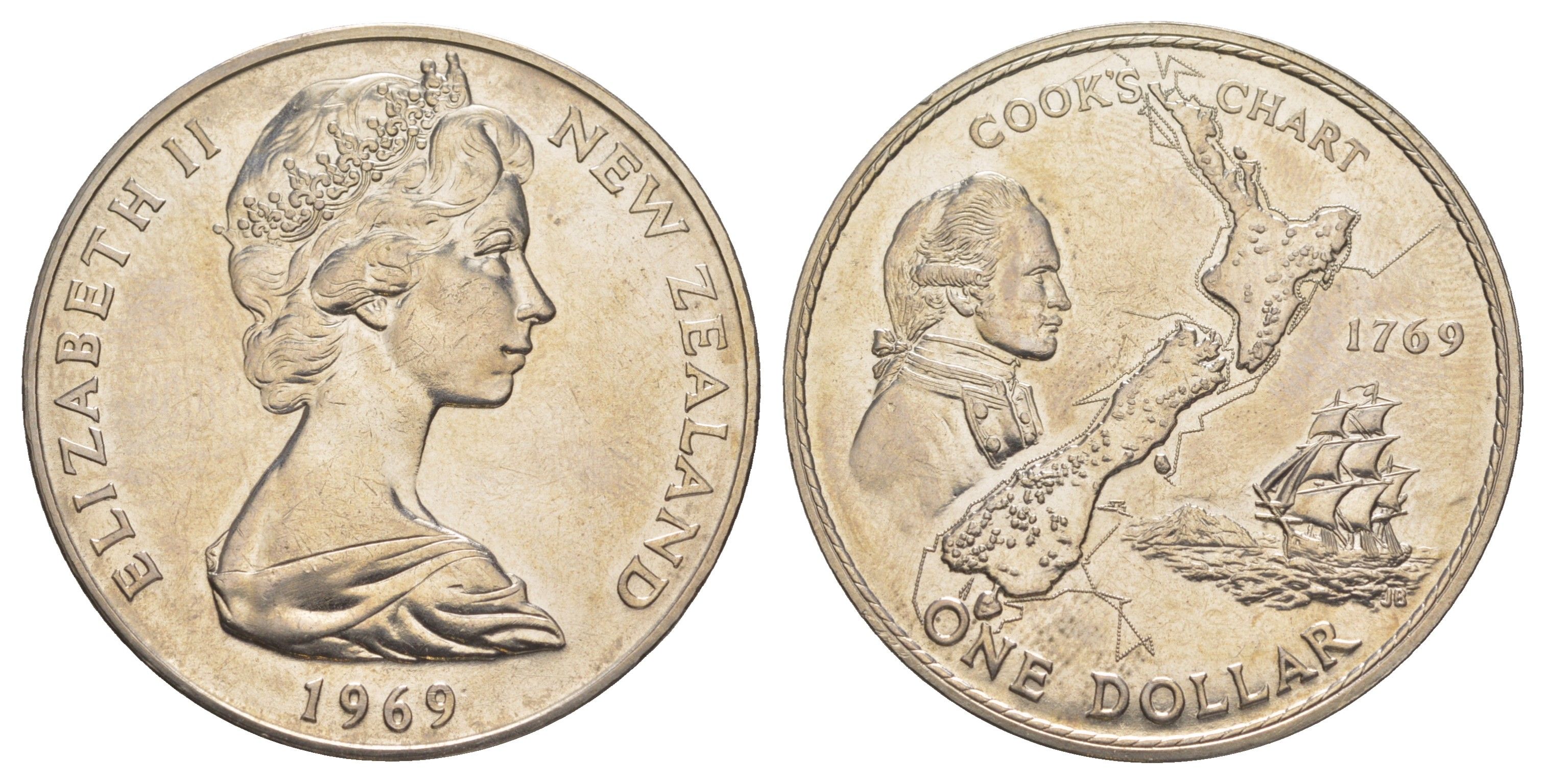 Новая Зеландия 1 доллар 1969 200 лет путешествию Капитана Кука KM 40 медно-никель BU 91-321