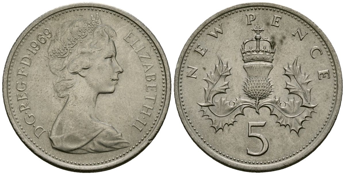 Великобритания 5 пенсов 1969 Елизавета II (1952-2022) KM 911, Spink 4233 (D1) медно-никель 4538-137