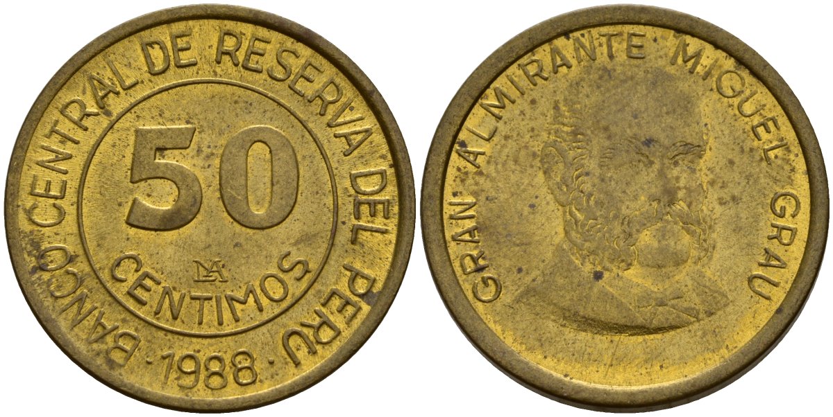 Перу 50 сентесимо 1988 KM 295 латунь 4159-947