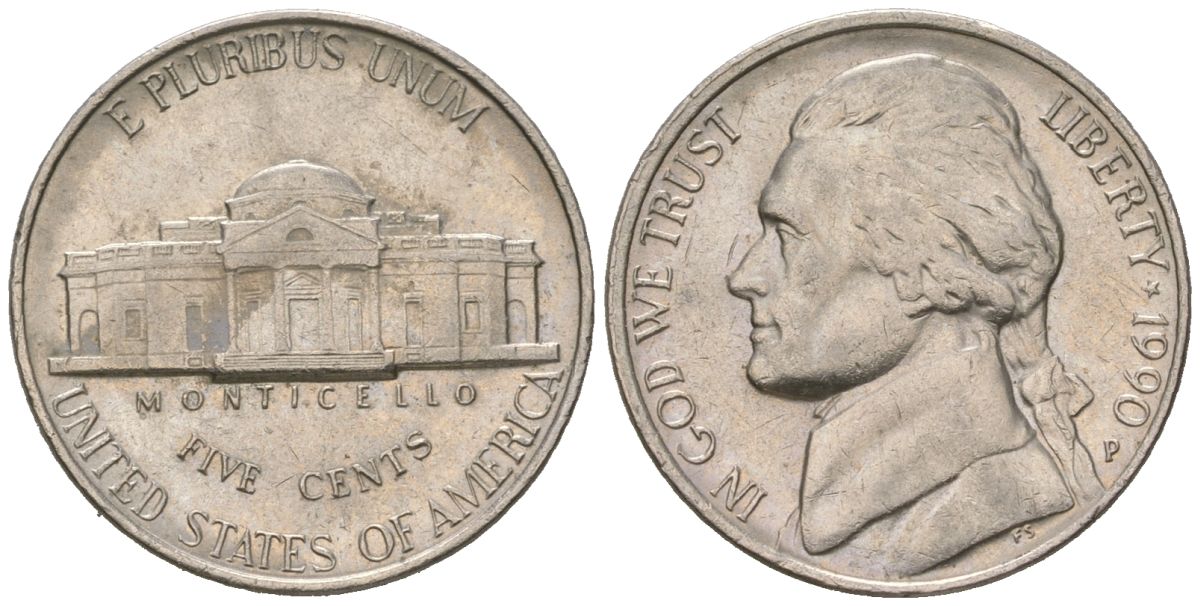 США 5 центов 1990 P, Томас Джефферсон KM A192 медно-никель aUNC 216-337