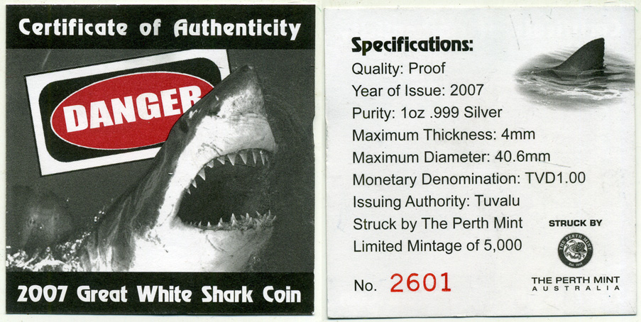 Тувалу 1 доллар 2007 DANGER, серия опасные животные Австралии, большая белая акула, цветная эмаль, в оригинальной коробке, с сертификатом KM NEW серебро PROOF 7-1-1-04