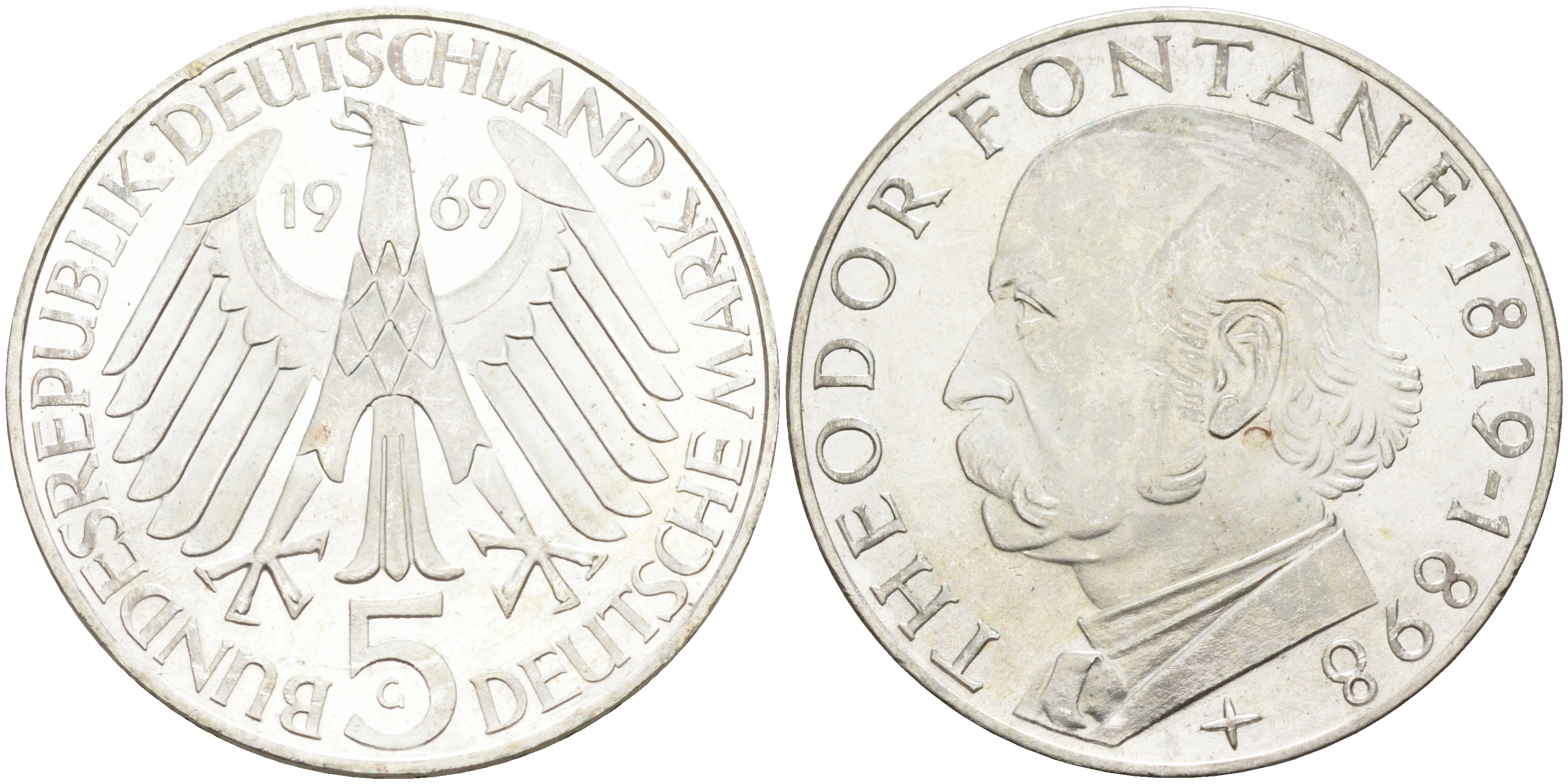 ФРГ 5 марок 1969 G, 150 лет со дня рождения Теодора Фонтана J. 399, KM 125.1 серебро 4117-234