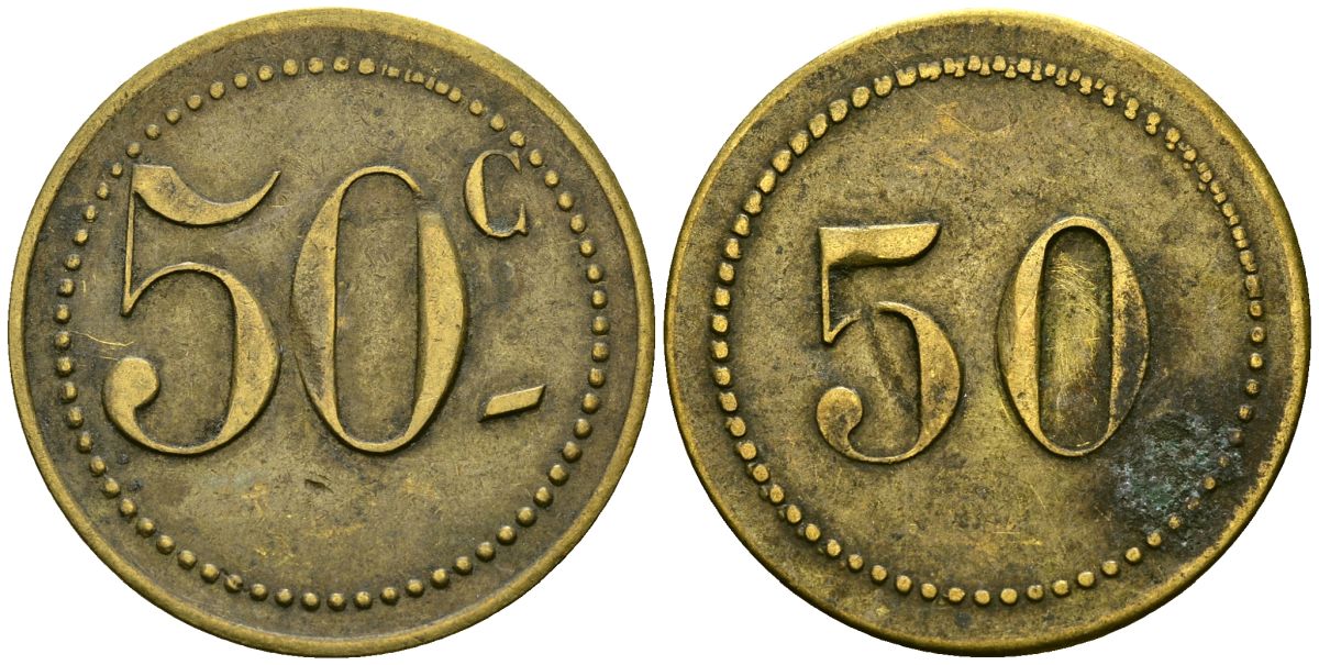 Франция 50 сантимов XIX-XX век ресторанный жетон латунь 4166-1252