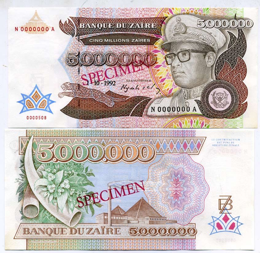 Заир 5000000 заиров 1992 Мобуту Сесе Секо в военной форме, завод. Образец, Specimen Pick 46 s бумага UNC (пресс) 448-38-2